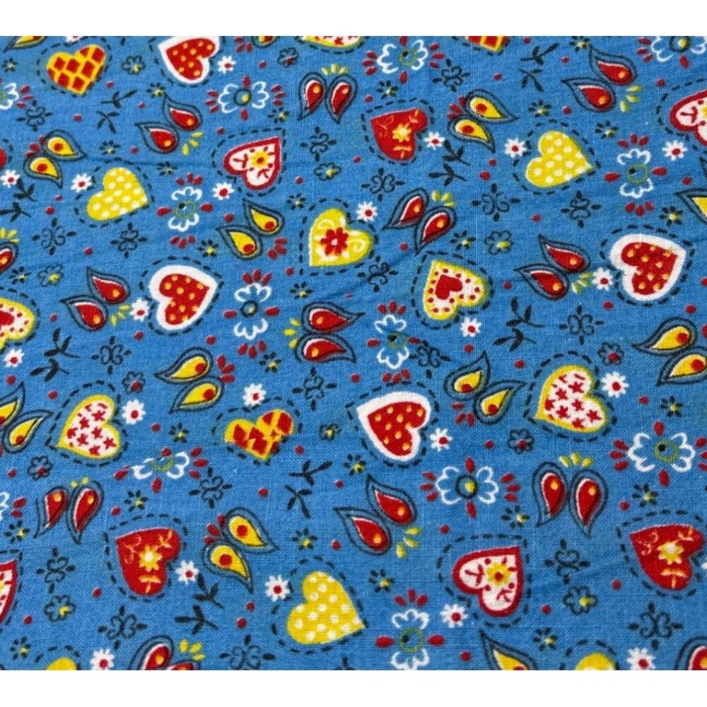 Fabric Blue Red Yellow Heart & Flower Print 1/2 yard Cotton Quilting Sewing
